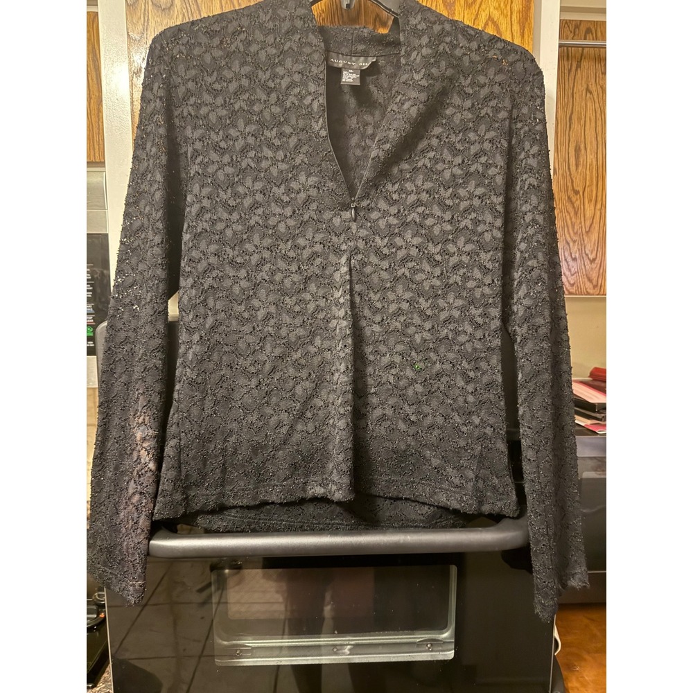 August Silk Womens XL Black Floral Lace Zip‎ Front Mock Neck Long Sleeve Top
